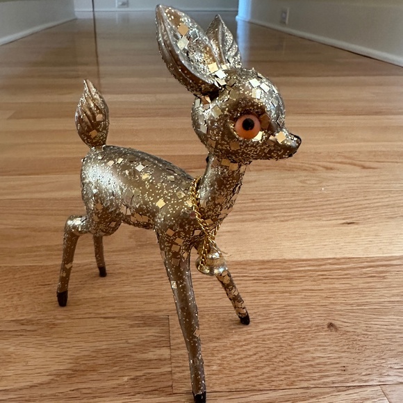 Vintage Gold Glitter Hard Plastic Deer Reindeer with Bell - Picture 4 of 12